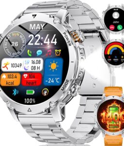 SUNKTA Military Smart Watches for Men,1400mAh Battery Smart Watch with Flashlight,1.7" HD Screen 5ATM Waterproof Fitness Tracker Smartwatch with 110+ Sport Modes,for iOS Android(2 Bands/Silver)
